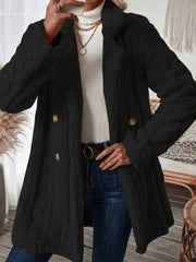 Black faux shearling double-breasted overcoat with cable knit texture and gold buttons.