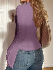 Purple lettuce edge flare sleeve maternity t-shirt with ribbed texture and lettuce trim details.