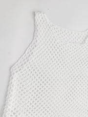 White open-knit beach cover-up dress with a wide neckline and sleeveless design.