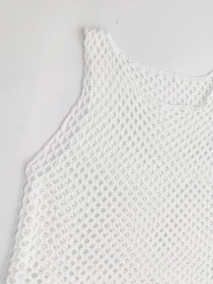 White open-knit beach cover-up dress with a wide neckline and sleeveless design.