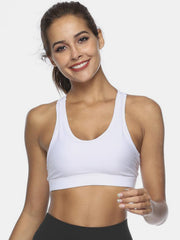 White racerback sports bra with scoop neckline and wide band