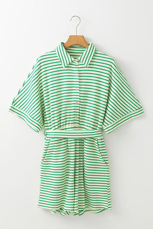 Green striped resort shirt romper with tie waist and buttoned front.