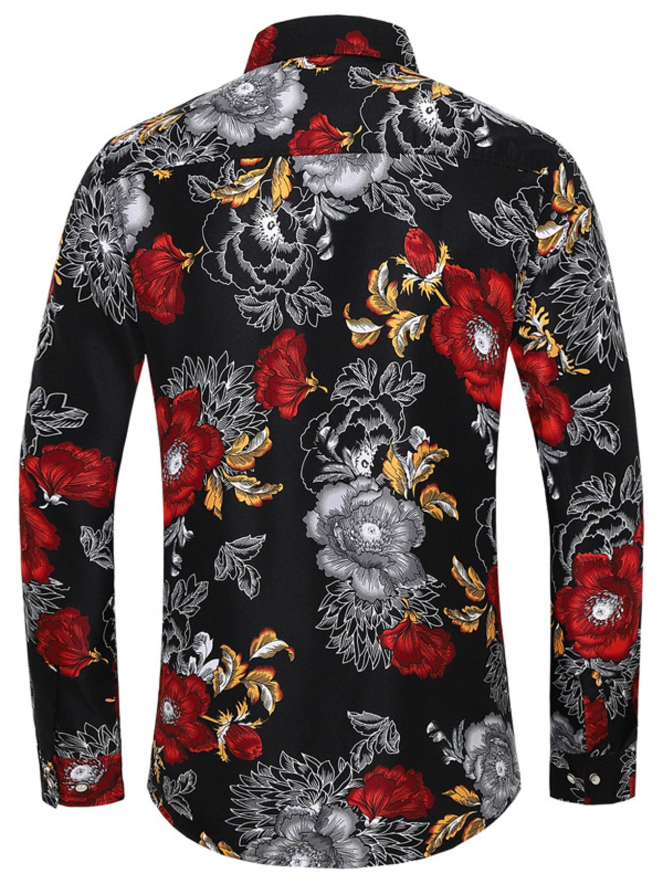 Men's black floral print button-down shirt with red and grey flowers.