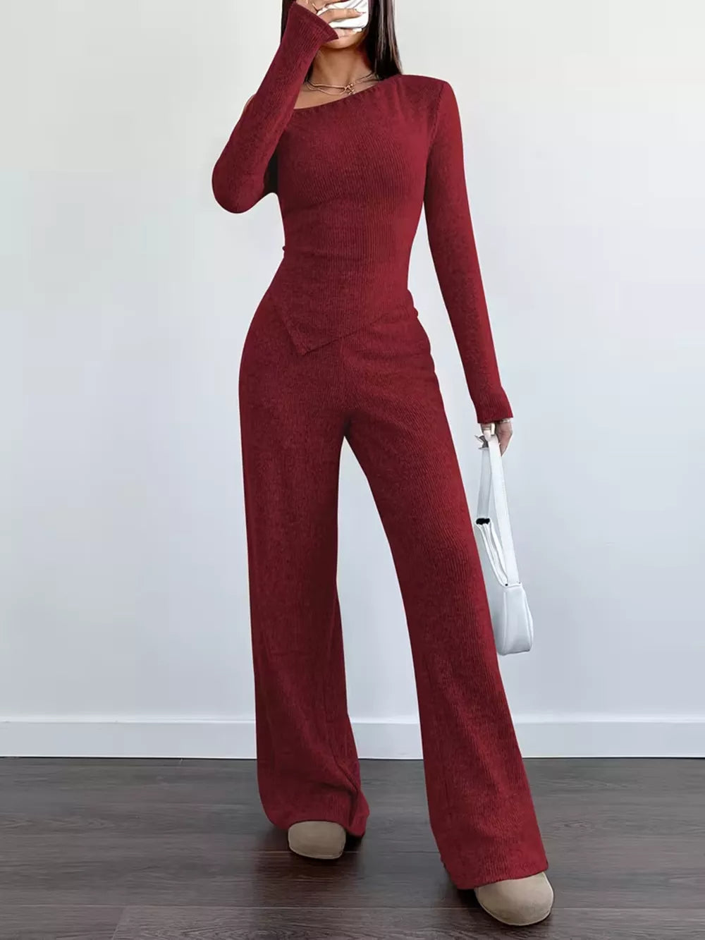 Chic One-shoulder Asymmetrical Top & Wide-leg Pants Set in Burgundy, view 11