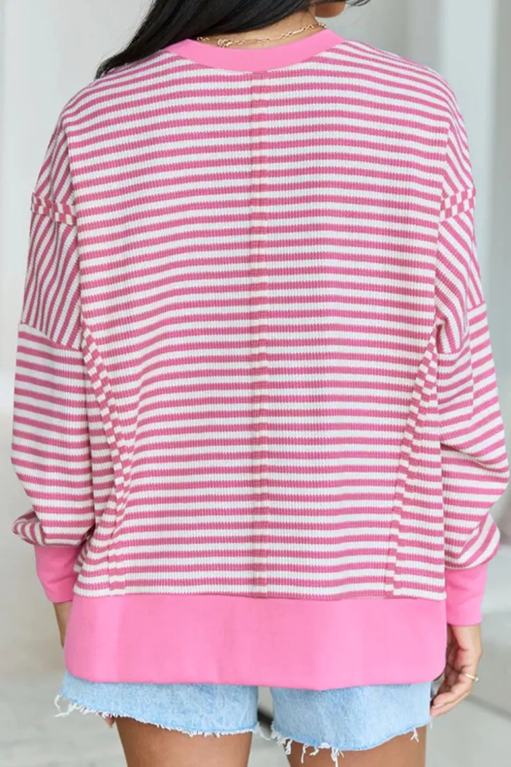 Stripe Textured Knit Color Block Long Sleeve Top in Blush Pink, back view