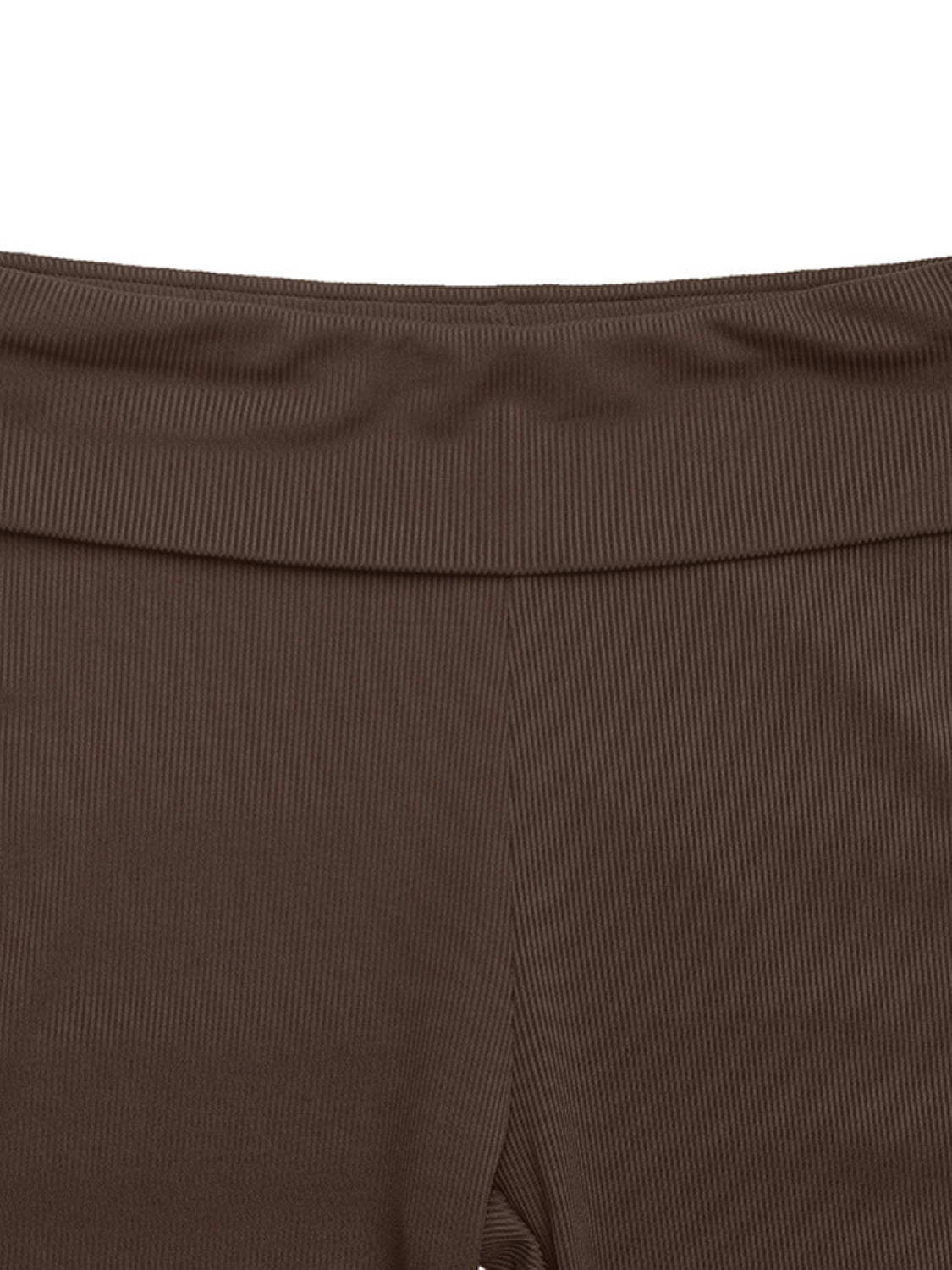 Chocolate ribbed off-shoulder flare co-ord set detail showing wide waistband