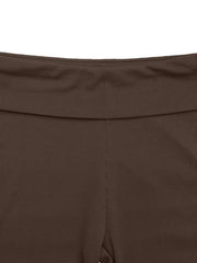 Chocolate ribbed off-shoulder flare co-ord set detail showing wide waistband