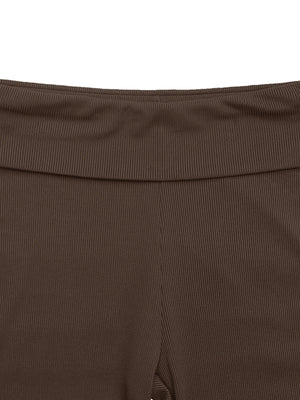 Chocolate ribbed off-shoulder flare co-ord set detail showing wide waistband