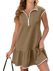 Tan zip front cap sleeve ruffle dress with white trim detail