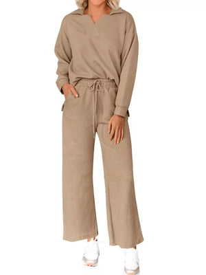 Khaki textured V-neck lounge set with drawstring pants and diagonal pattern.