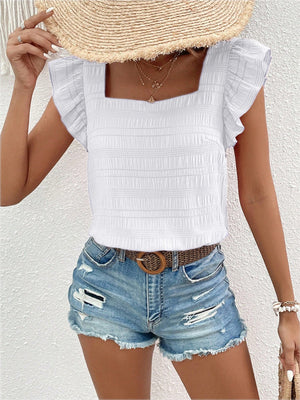 White textured square neck blouse with ruffle sleeves