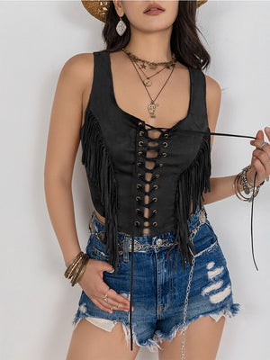 Black suede fringe corset vest with lace-up front and grommets