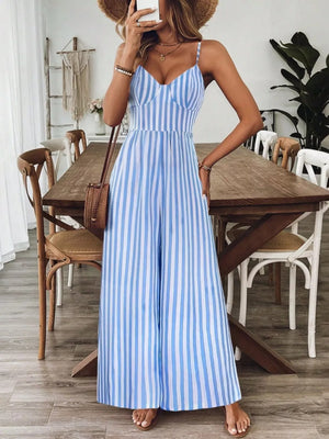 Light blue and white striped backless wide-leg jumpsuit with a sweetheart neckline.