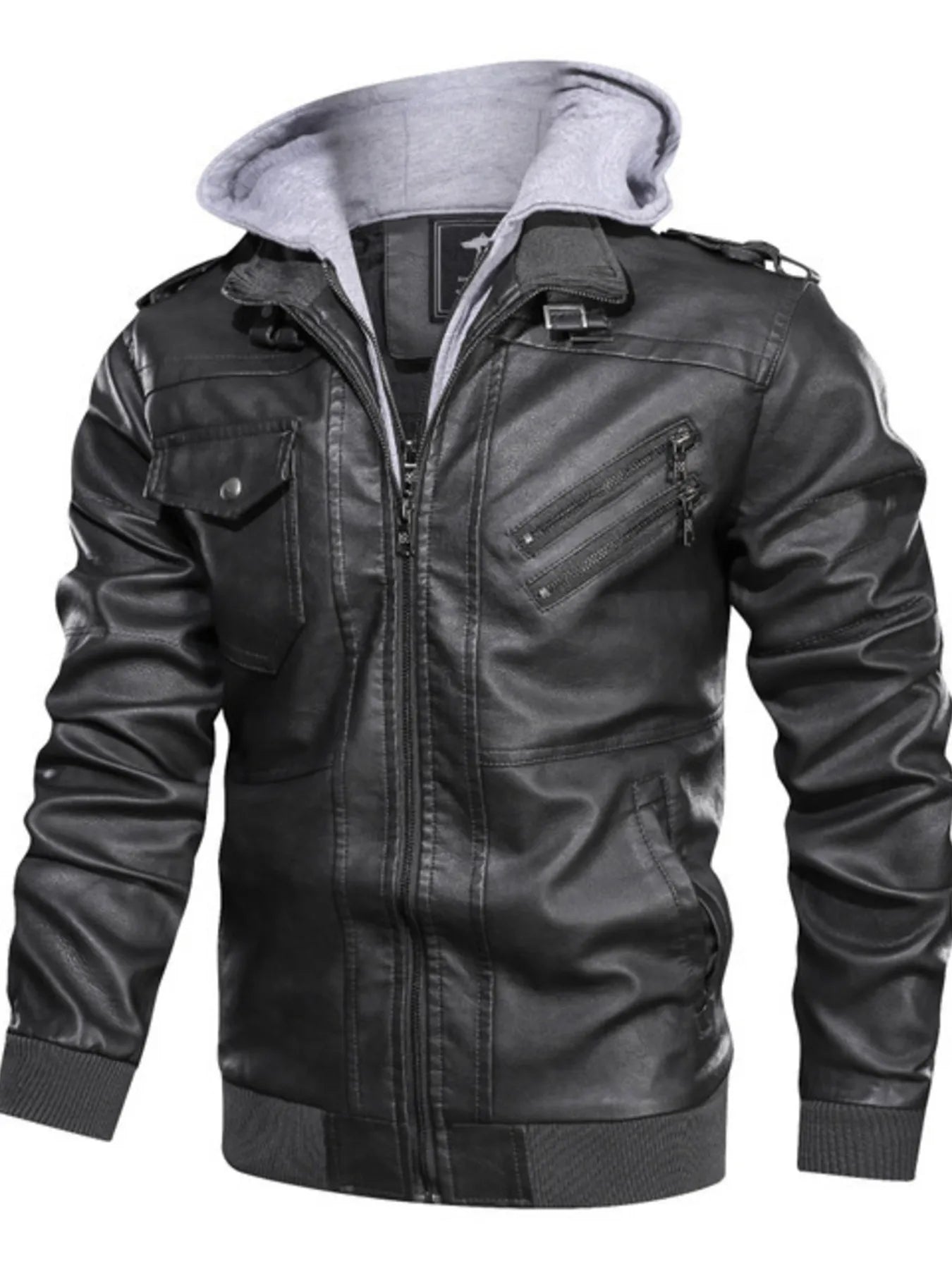 Black hooded leather jacket with zippered pockets and snap-button chest pockets.