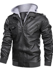 Black hooded leather jacket with zippered pockets and snap-button chest pockets.