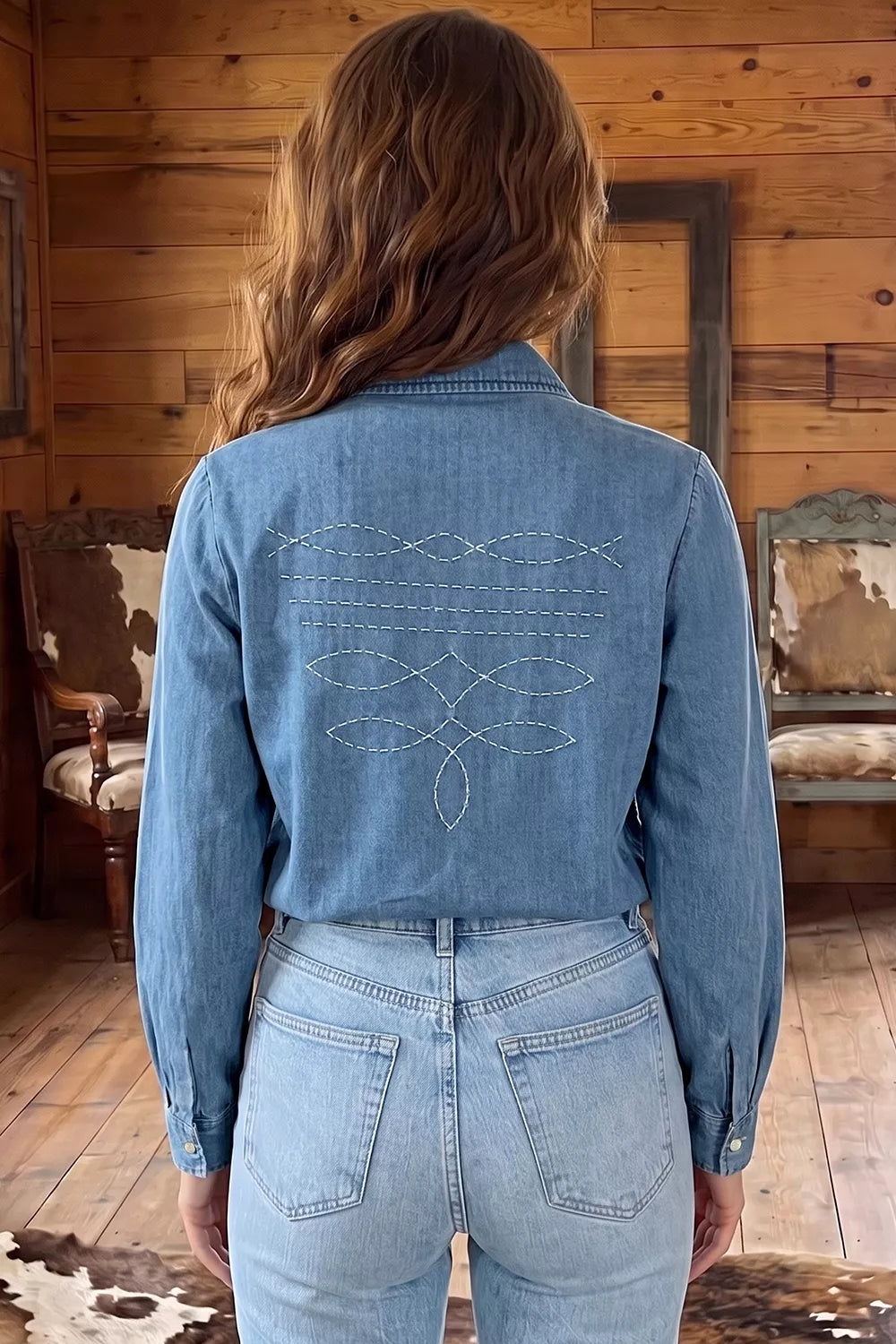 Long Sleeve Collared Denim Shirt in Medium, side view