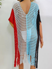 Colorblock crochet cover-up with fringe, V-neck, short sleeves in red, grey, blue, and black.