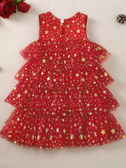 Red tulle baby dress with gold stars and tiered skirt.