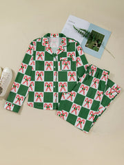 Green candy cane checkered pajama set with buttoned top and drawstring pants