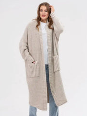 Oversized knit cocoon cardigan in Khaki with pockets and ribbed cuffs.