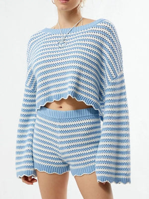 Scalloped Edges Striped Top And Shorts Set in Blue, close-up detail