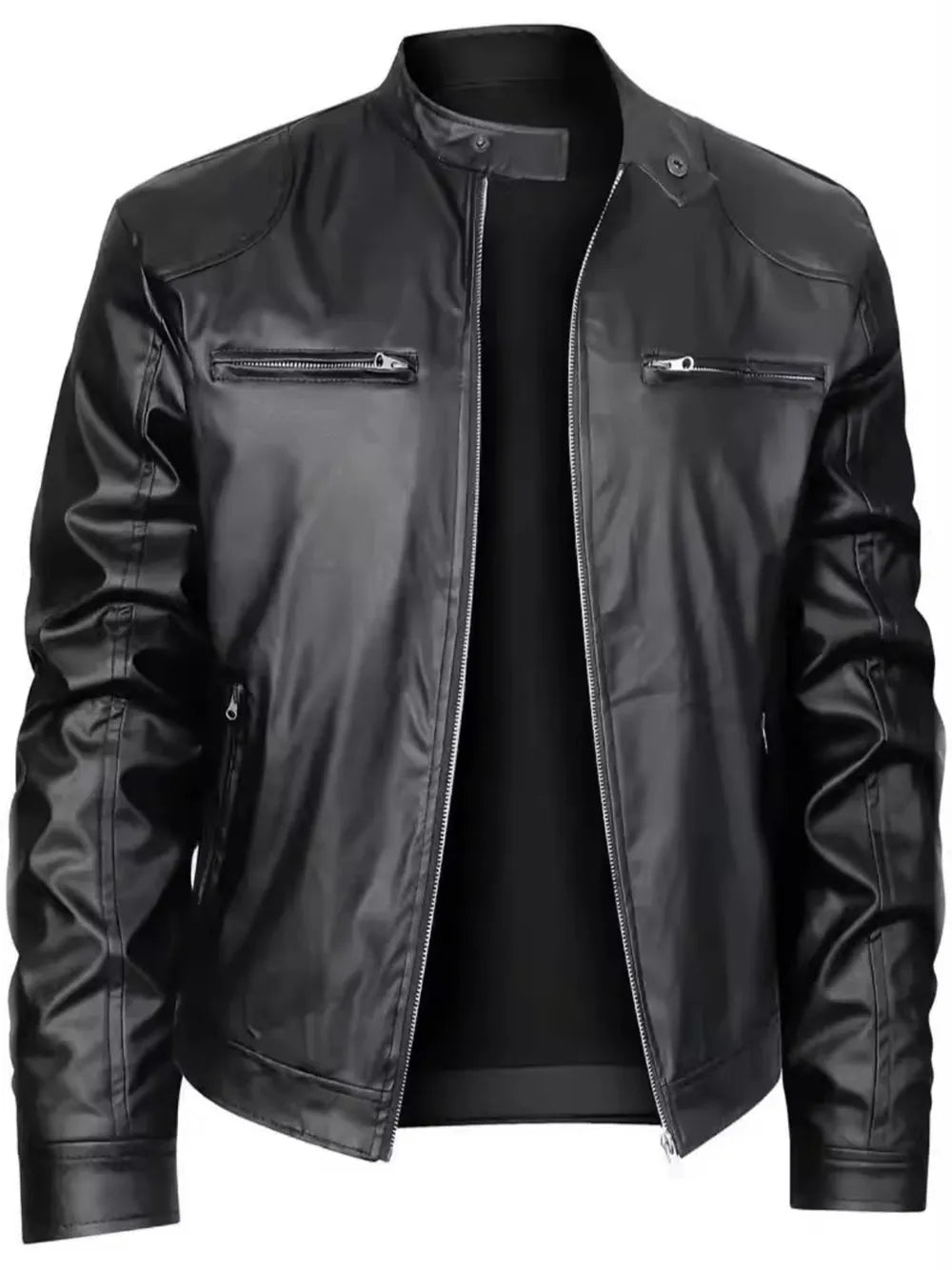 Black PU zip-up jacket with stand-up collar and zippered pockets