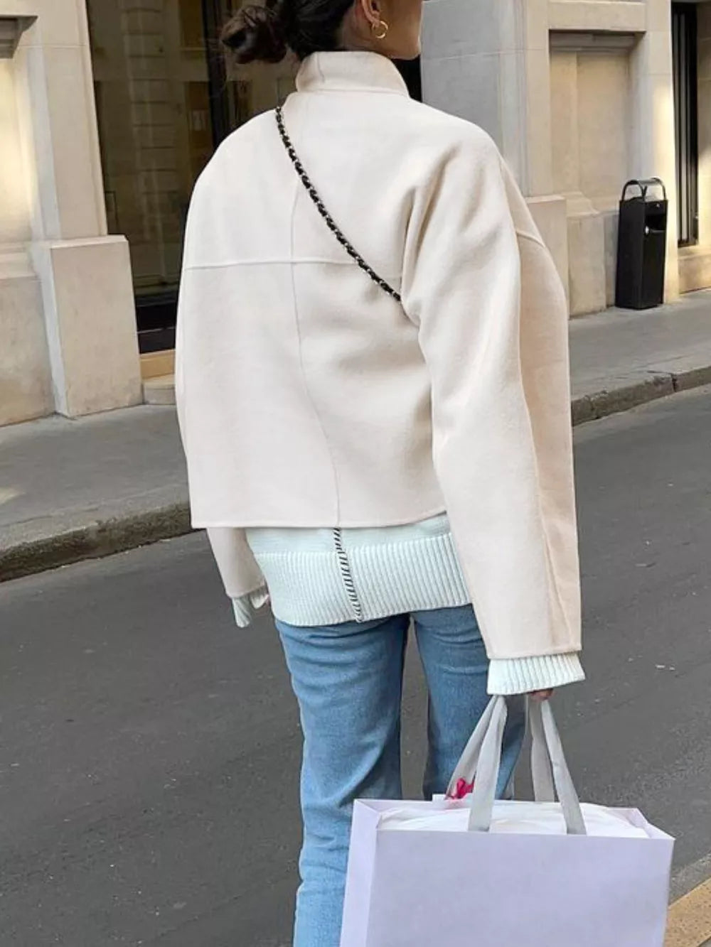 Elegant Stand Collar Open Front Outerwear in White, model styling view