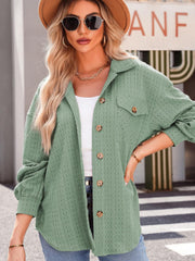 Textured oversized button-down shacket in Gum Leaf green with buttoned chest pockets and relaxed fit.