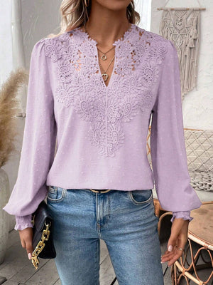 Pink Purple embroidered yoke blouse with puff sleeves and lace detail