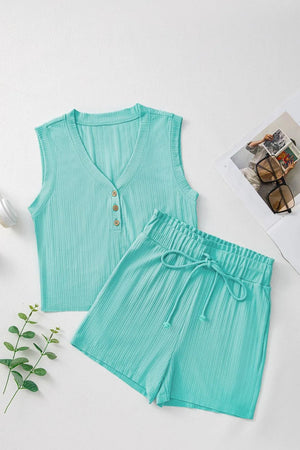 Ribbed Henley tank top and drawstring shorts set in Tiffany Blue with button detail.