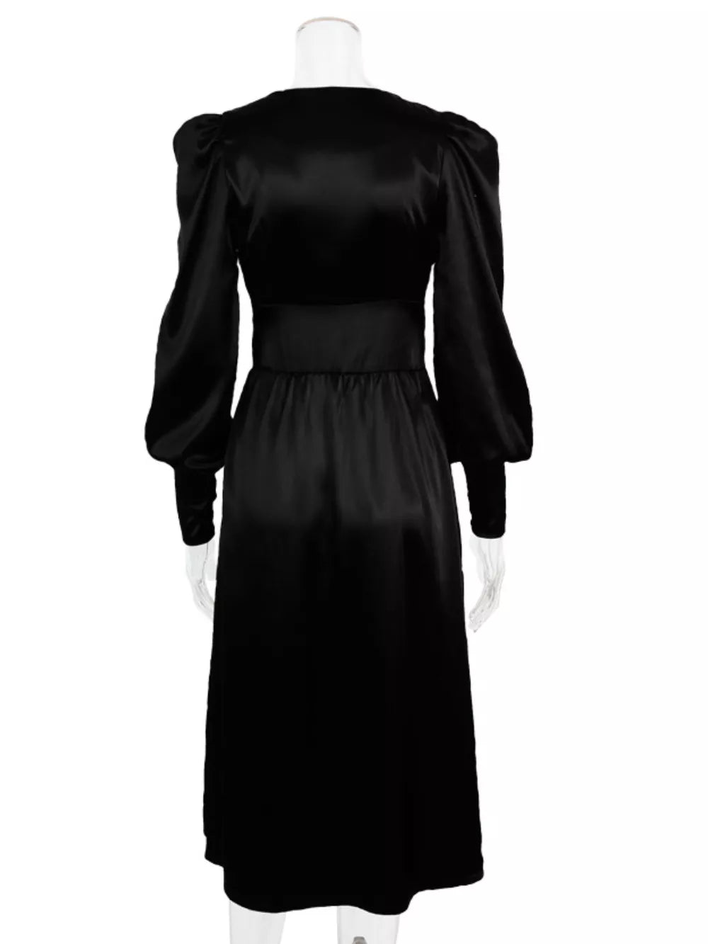 Elegant V-neck Puff Sleeve Button-down Midi Dress in White, view 20