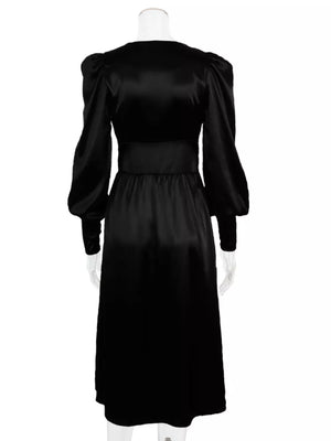 Elegant V-neck Puff Sleeve Button-down Midi Dress in White, view 20