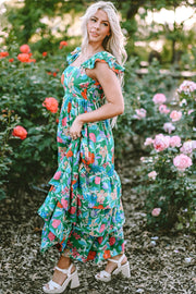 Floral ruffle-sleeve tiered midi dress in dark green with a vibrant floral print.
