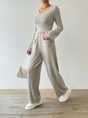 Flared ribbed knit lounge set in Dust Storm with v-neck top and wide leg pants with pockets.