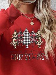 Crewneck sweatshirt in Deep Red with Christmas trees graphic print featuring buffalo plaid and leopard patterns.