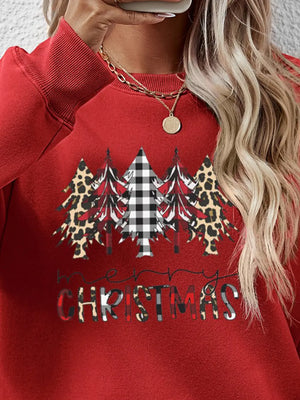 Crewneck sweatshirt in Deep Red with Christmas trees graphic print featuring buffalo plaid and leopard patterns.