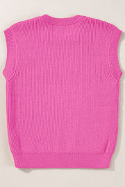 Fuchsia pink ribbed knit vest with a crew neck and sleeveless design.