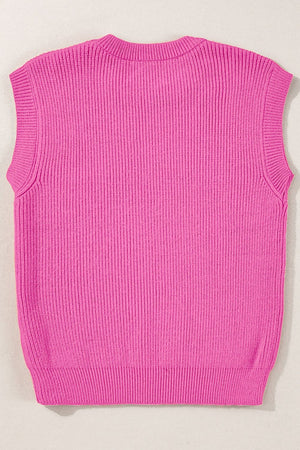 Fuchsia pink ribbed knit vest with a crew neck and sleeveless design.