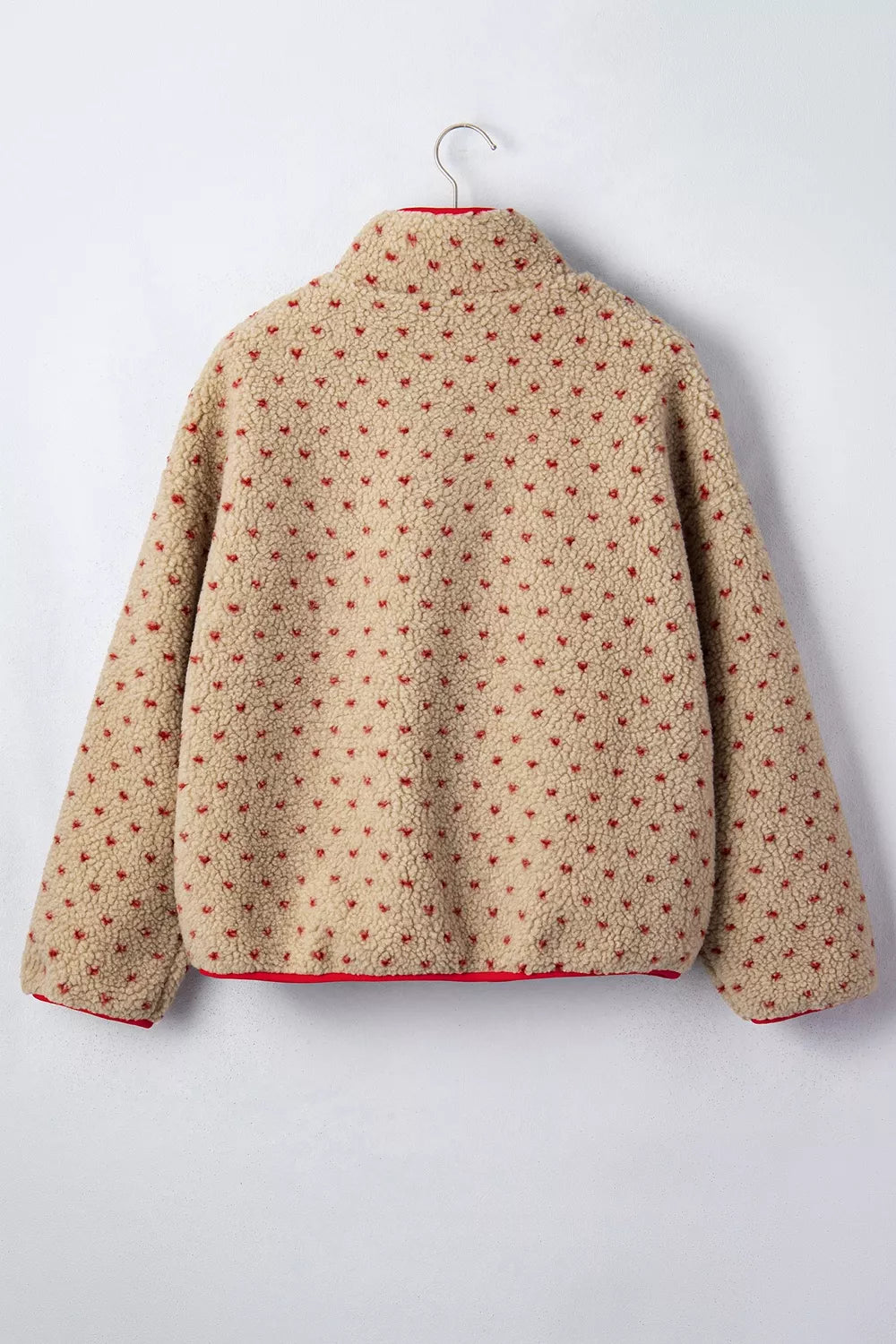 Heart Pattern Fleece Colorblock Collar Sweatshirt in Camel, back view