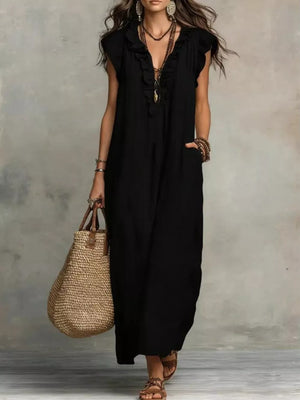 Bohemian Ruffle Neck Maxi Dress Plus Size in Blue, close-up detail