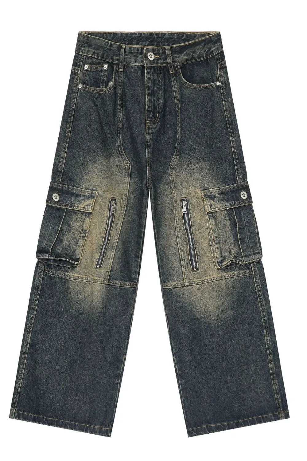 Distressed dark wash wide-leg cargo jeans with zip pockets and flap pockets.