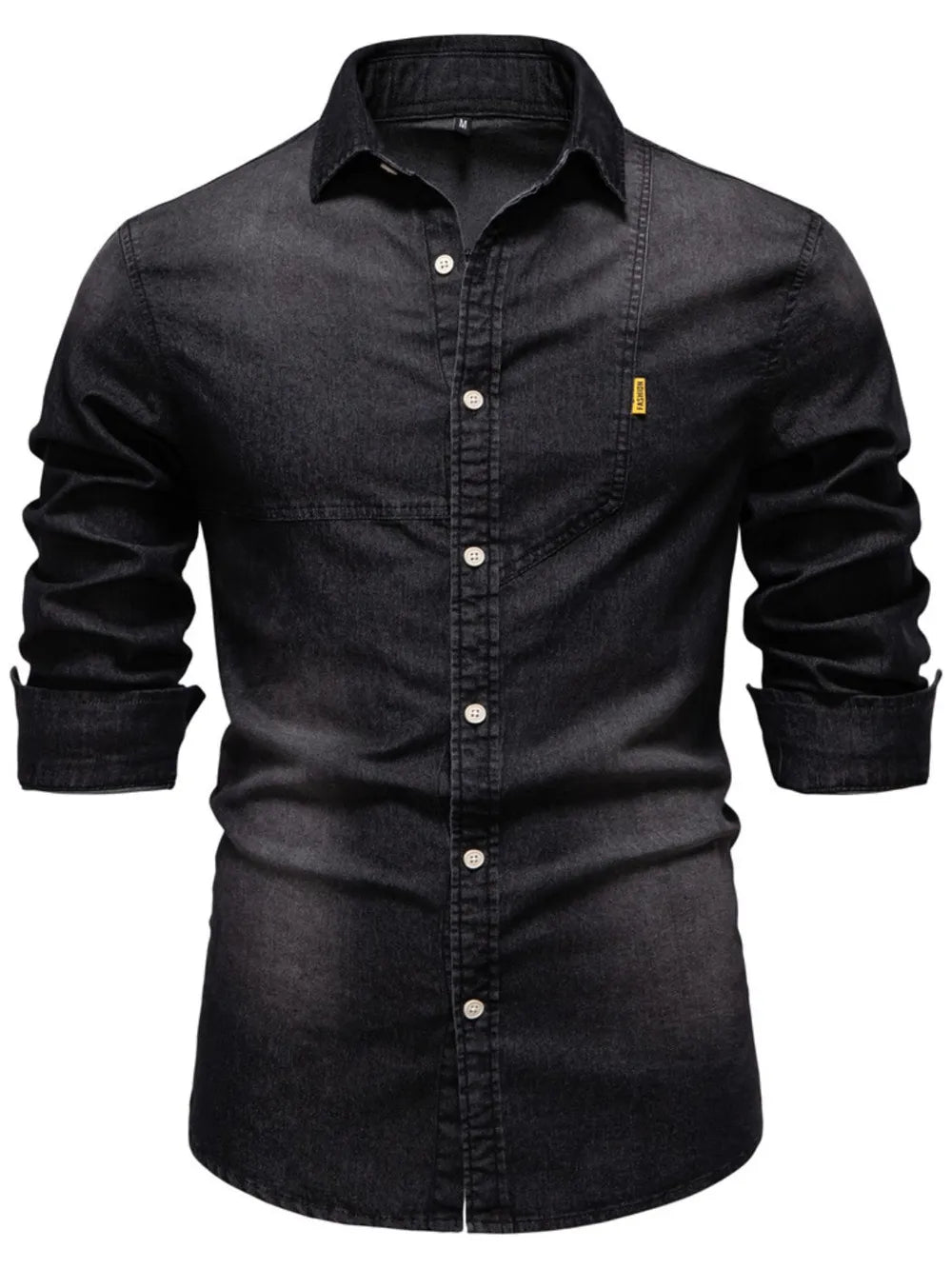 Dark denim button-down shirt with asymmetric pocket detail and rolled sleeves.