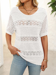 White knit sweater with openwork stripes and half sleeves.