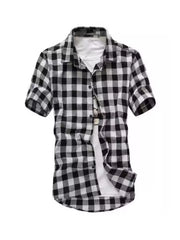 Classic Buffalo Check Short Sleeve Shirt in Black And White Grid, button-down casual shirt with white undershirt.