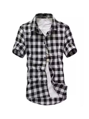 Classic Buffalo Check Short Sleeve Shirt in Black And White Grid, button-down casual shirt with white undershirt.