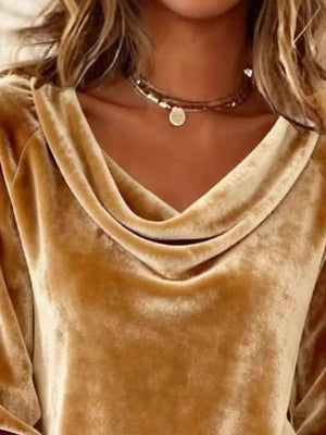 Gold velvet cowl neck t-shirt with draped neckline detail