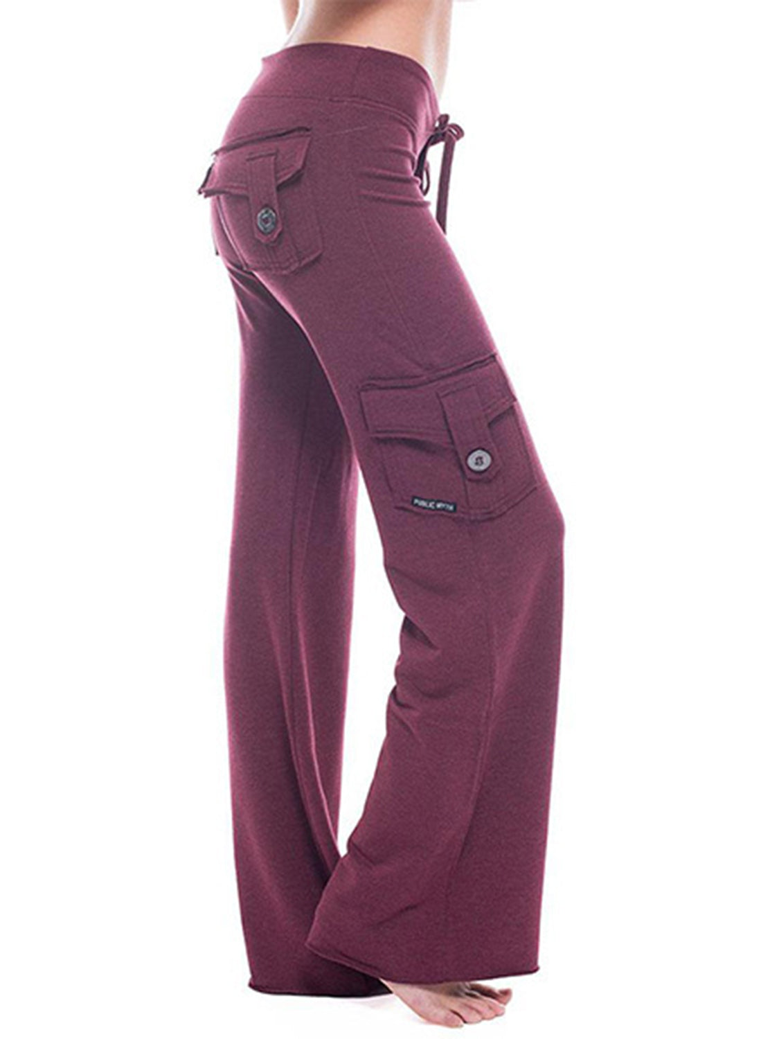 Wine cargo-inspired wide-leg drawstring trousers with flap pockets and button closure.