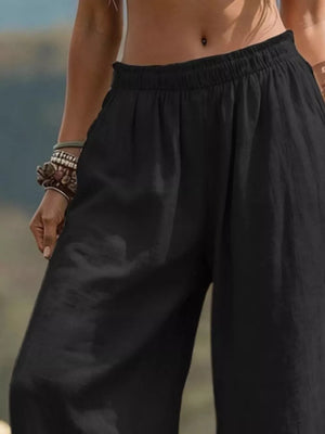Full Size Bohemian Wide-leg Pants Plus Size in Light Brown, fit detail