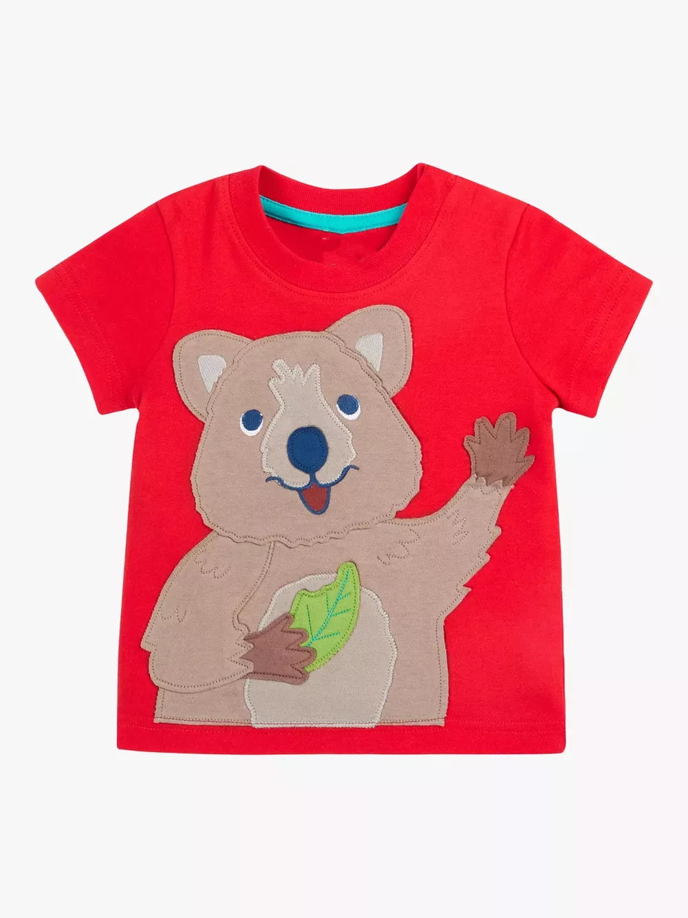 Red toddler t-shirt with playful quokka appliqué and leaf detail.
