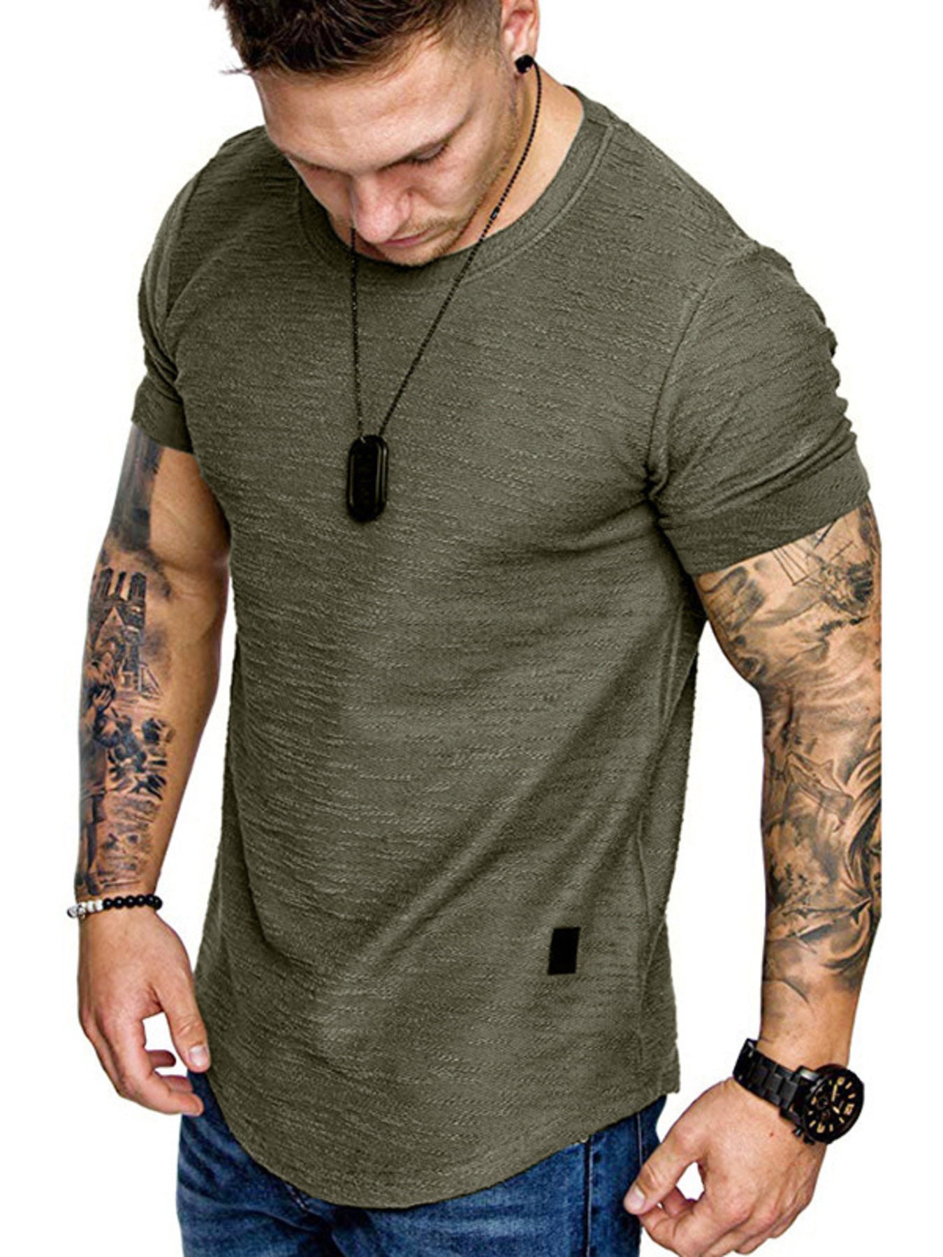 Men's army green slim fit round neck t-shirt with textured fabric.